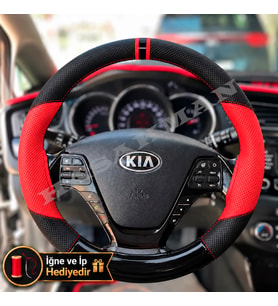 Kia Pro Ceed Dikme Direksiyon Kılıfı Parlak Siyah Kırmızı Detaylı Kırmızı Çift Yüzük ve Dikiş 2013-2018