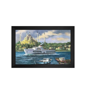 Yağlı Boya Sultan Ahmet Camii ve Vapur Motifli Kanvas Tablo 80 x 110 cm Siyah Çerçeve