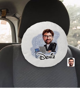 BK Gift Kişiye Özel İsimli Erkek Genel Müdür Karikatürlü Yuvarlak Araç Koltuk Yastığı-1
