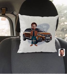 BK Gift Kişiye Özel Plakalı Erkek Peugeot 3008 Karikatürlü Kare Araç Koltuk Yastığı-2