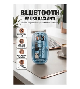 Bluetooth 5.2 Mavi Kablosuz Mouse USB Alıcılı Ayarlanabilir DPI Ergonomik Tasarım
