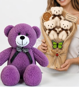 Premium Hediye Seti Kişiye Özel Peluş Ayıcık Buketi ve 50 cm Büyük Boy Mor Peluş Ayıcık
