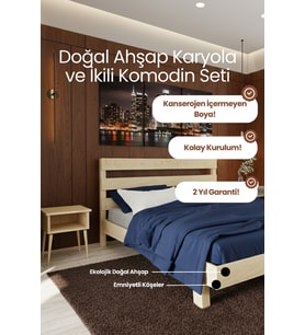 Natura New Model Masif Ahşap Karyola ve 2 Adet Komodin Kolay Kurulum Fırınlanmış İthal Sibirya Çamı 90x190 Yatak Uyumlu 2 Adet Komodin