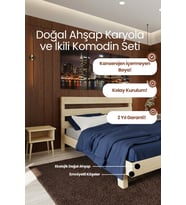 Natura New Model Masif Ahşap Karyola ve 2 Adet Komodin Kolay Kurulum Fırınlanmış İthal Sibirya Çamı 90x190 Yatak Uyumlu 2 Adet Komodin