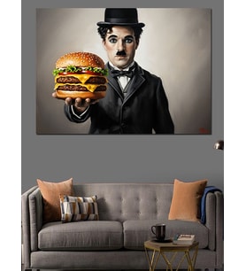 Hamburger Tutan Charlie Chaplin Dekoratif Kanvas - Mdf Ahşap Tablo