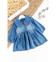 Bebe Yakalı Fiyonklu Denim Kız Bebek Elbise Kot Elbise (Mavi)
