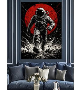 Astronot Kırmızı Ay Ve Kum Dekoratif Kanvas - Mdf Ahşap Tablo