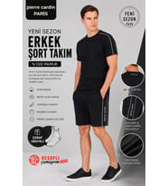 Pierre Cardin Premium Erkek Çizgili Pamuklu Rahat Kalıp Kısa Kollu Şortlu Pijama Takım Çorap Hediye