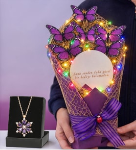 Aynalı Renkli Işıklı Kelebek Buketi ve Gerçek Ametist Taşlı Lotus Kolye