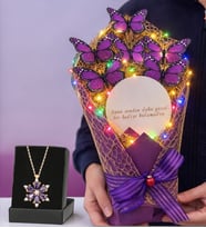 Aynalı Renkli Işıklı Kelebek Buketi ve Gerçek Ametist Taşlı Lotus Kolye
