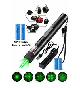 10 KM Menzilli Şarj Edilebilir Yeşil Lazer Pointer Seti - 5200mAh Çift Bataryalı & Güvenlik Kilidi