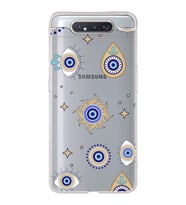 PrintiFy Samsung Galaxy A80 ile Uyumlu 1mm Slim Fit Nazar Boncuğu 5 Baskılı Şeffaf  Kılıf