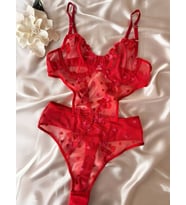 Kırmızı Kalp Desenli Transparan Dantel Body Takım- 80B