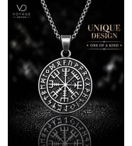 Paslanmaz Çelik Rün Harf Detaylı Kolye Çift Taraflı Vegvisir Viking Pusula Kolye