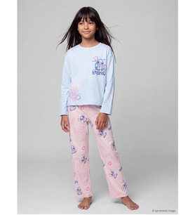 LCW Kids Mavi Stitch Ve Angel Baskılı Kız Çocuk Pijama Takımı