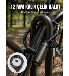 Anahtarlı Çelik Halat Kilit 12 mm Güçlü Bisiklet Kilidi 80 cm PVC Kaplamalı Elektrikli Scooter ve Motosiklet Uyumlu