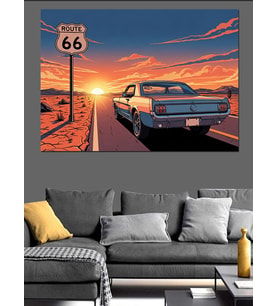 Route 66 Klasik Araba Dekoratif Kanvas - Mdf Ahşap Tablo