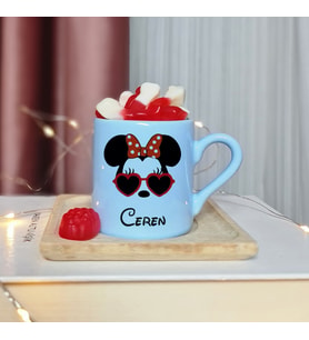 Minnie Mouse Tasarımlı Kişiye Özel Mavi Türk Kahvesi Fincanı
