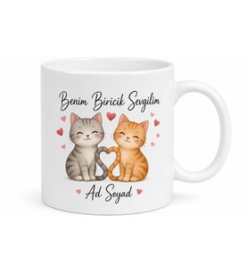 Benim Biricik Sevgilim Kedi Ve Kalp Çizimli Hayvansever Çiftlere Özel Hediye Kupa Bardak