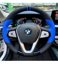 BMW G11 G12 Dikme Direksiyon Kılıfı Delikli Deri Parlak Siyah Mavi Detay Çift Yüzük ve Dikiş 2015-2022