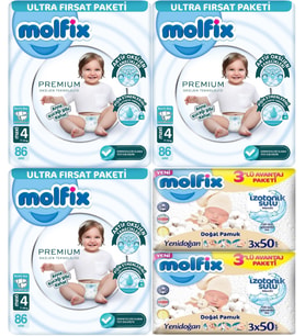 Molfix Premium Bebek Bezi Beden:4 (7-14KG) Maxi 258 Adet Ultra Fırsat Pk + 6 Adet Islak Mendil