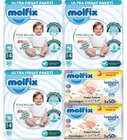 Molfix Premium Bebek Bezi Beden:4 (7-14KG) Maxi 258 Adet Ultra Fırsat Pk + 6 Adet Islak Mendil