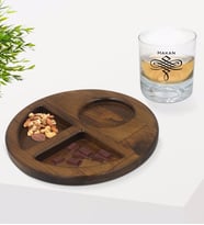 BK Gift Kişiye Özel İsimli Viski Bardağı ve Doğal Masif Ahşap Ceviz Yuvarlak Sunum Tabağı Çerezlik Hediye Seti-24