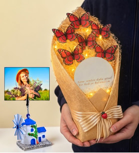 Kişiye Özel Değirmen Fotoğraflı Led Işıklı Aynalı Büyük Boy Kelebek Buketi (Kırmızı)