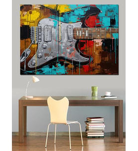 Renkler Ve Elektrogitar Soyut Resim Dekoratif Kanvas - Mdf Ahşap Tablo