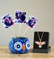 Sizlere Özel Hediye Seti 3 Fotoğraflı Mavi Baykuş Saksı ve Zümrüdü Anka Kuşu Kolye