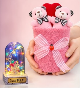 Premium Peluş Ayıcık Buketi ve Kişiye Özel Renkli Işıklı Unicornlu Fanus