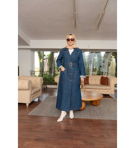 6655-Kuşaklı Denim Ceket Koyu Mavi