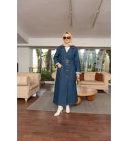 6655-Kuşaklı Denim Ceket Koyu Mavi