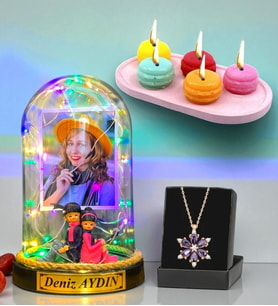 Size Özel Renkli Led Işıklı Fanus, Kokulu Mum ve Gerçek Ametist Taşlı Lotus Kolye (Model 7)