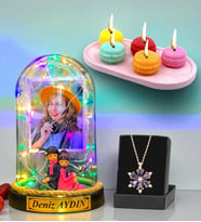 Size Özel Renkli Led Işıklı Fanus, Kokulu Mum ve Gerçek Ametist Taşlı Lotus Kolye (Model 7)