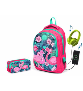 Coral High Narçiçeği Flamingo Kız Çocuk İlkokul Çantası ve Kalemlik Seti - USB Soketli