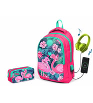 Coral High Narçiçeği Flamingo Kız Çocuk İlkokul Çantası ve Kalemlik Seti - USB Soketli