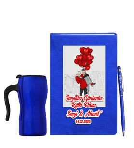 Sevgililer Gününe Özel Mavi Defter Kalem & Termos Mug Hediye Seti 16