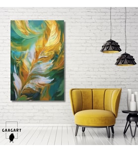 Tekli Dikey Kanvas Duvar Tablosu Yağlı Boya Görünümlü Gold Beyaz Tüy