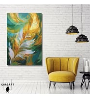 Tekli Dikey Kanvas Duvar Tablosu Yağlı Boya Görünümlü Gold Beyaz Tüy