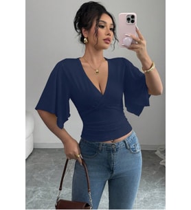 Kadın Kruvaze Yaka Yarasa Kol Likralı Şık T-Shirt