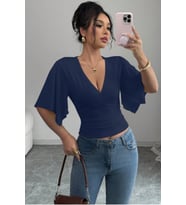 Kadın Kruvaze Yaka Yarasa Kol Likralı Şık T-Shirt