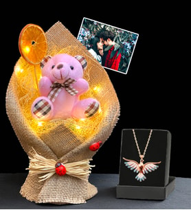 Premium Set - Kişiye Özel Fotoğraflı Led Işıklı Buket ve Renkli Zümrüdü Anka Kuşu Kolyesi (Model 6)