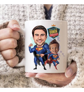 Süper Kahraman Baba ve Oğlu Karikatürlü Kupa Bardak