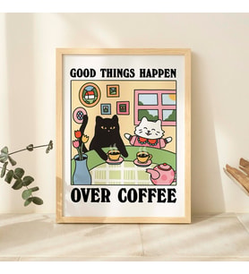 Kahve Kafe Kedi Baskısı, Retro İçecek Posteri, Bistro Kahve Kek Posterleri, Kahvede Güzel Şeyler Olur