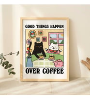 Kahve Kafe Kedi Baskısı, Retro İçecek Posteri, Bistro Kahve Kek Posterleri, Kahvede Güzel Şeyler Olur