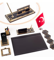 Sümen Takımı Kişiye Özel Ahşap İsimlikli Mermer Desenli Türk Bayraklı 10 Parça Siyah