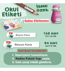 Okul Etiketi Kalem Defter Etiketi Deniz Kızı Temalı Özel İsim Yazılabilen Etiket - 252Adet