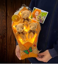 Fotoğraflı Led Işıklı Kahve Ayıcıklı Peluş Ayıcık Buketi Doğum Günü Hediyesi (Model 5)