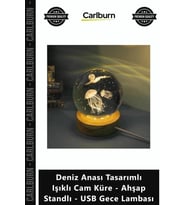 Özel Üretim Modern Hediye Deniz Anası Tasarımlı Işıklı Cam Küre Ahşap Standlı USB Gece Lambası